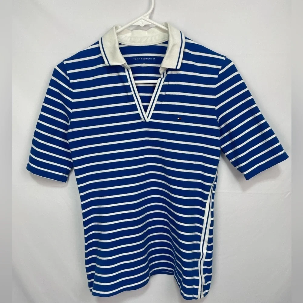 Tommy Hilfiger polo shirt open V-neck white and blue stripes women’s size S - Picture 10 of 17